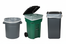 Load image into Gallery viewer, one 35 gallon round brute trash can, one 35 gallon residential trash can with two black wheels, and one rectangular trash bin. All having a clear trash can liner inside of them