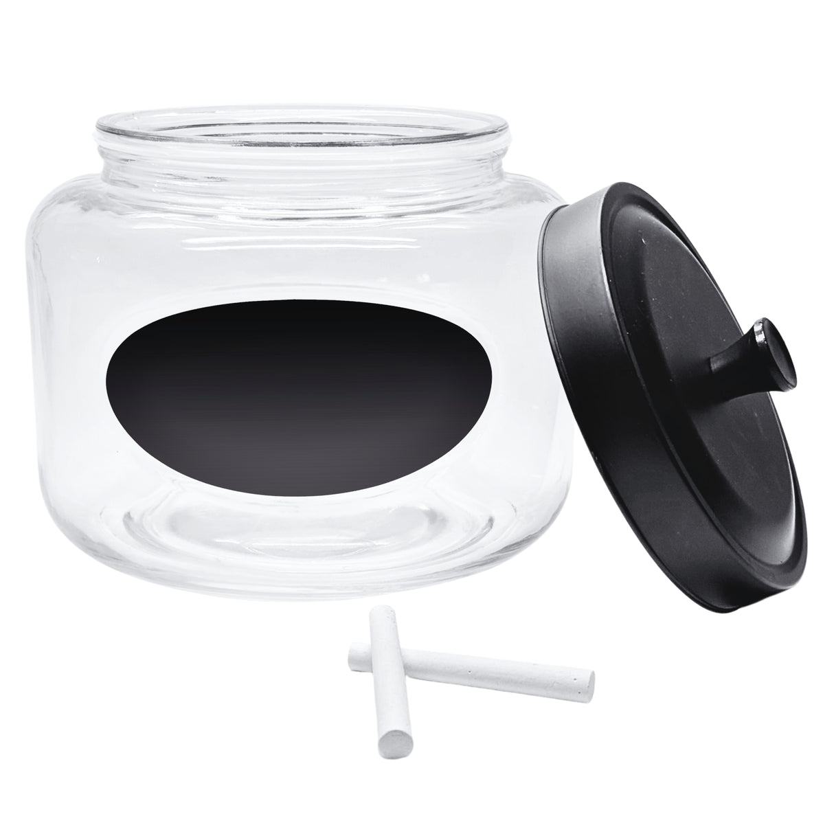 Kitchen and Laundry Storage Glass Jar – Wide Mouth Round Glass Storage Container with Black Steel Lid and Chalkboard Label - 2 Sticks of Chalk Included