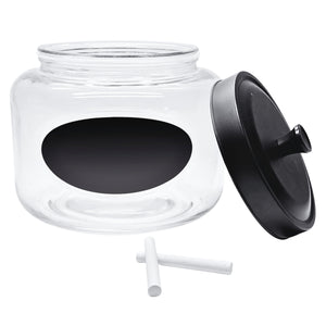 Kitchen and Laundry Storage Glass Jar – Wide Mouth Round Glass Storage Container with Black Steel Lid and Chalkboard Label - 2 Sticks of Chalk Included