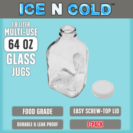 Glass Beverage Jug, 64 oz, Clear, Wide Mouth with Groove Handle and Airtight Lid