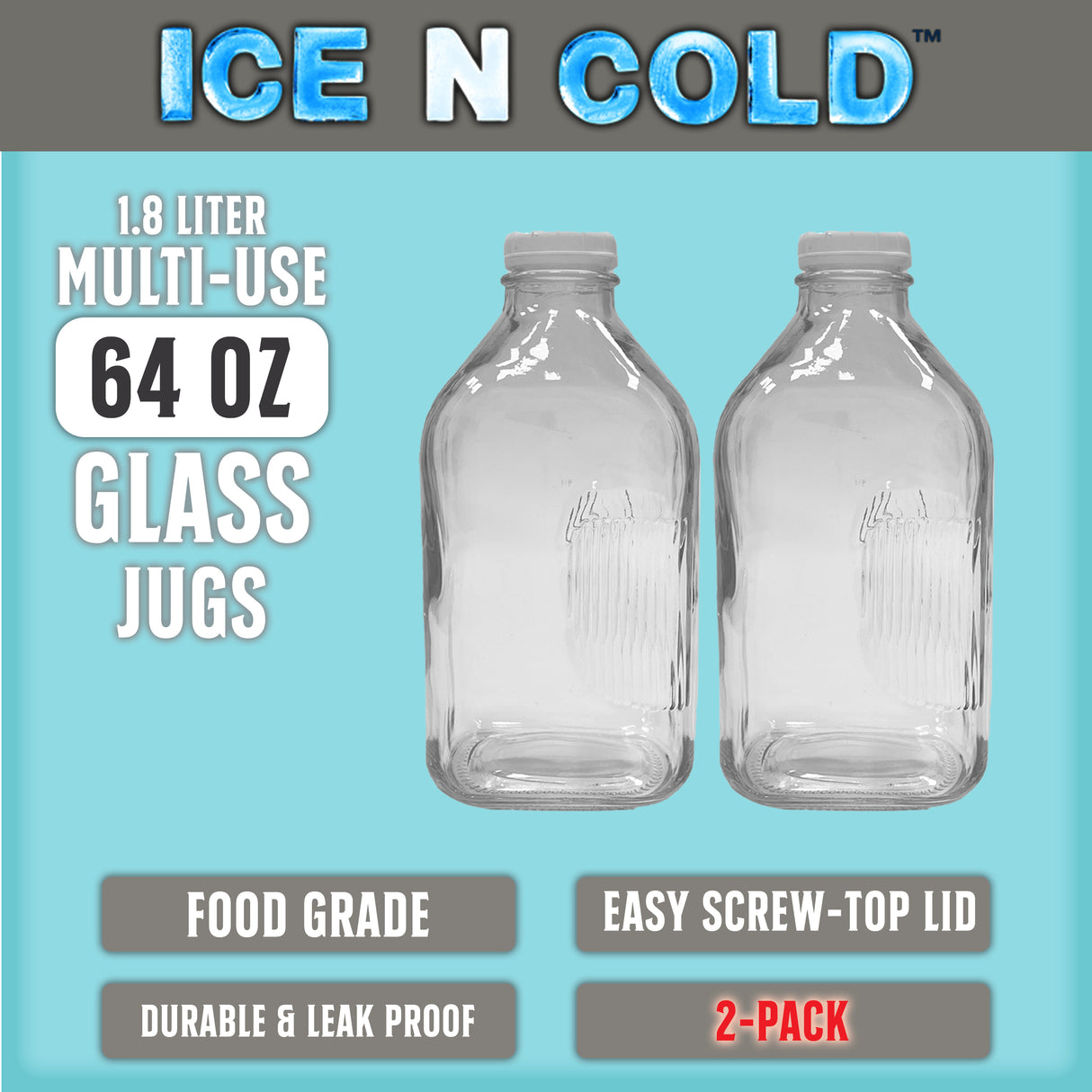 Glass Beverage Jug, 64 oz, Clear, Wide Mouth with Groove Handle and Airtight Lid