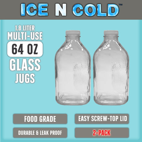 Glass Beverage Jug, 64 oz, Clear, Wide Mouth with Groove Handle and Airtight Lid