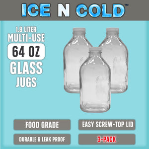 Glass Beverage Jug, 64 oz, Clear, Wide Mouth with Groove Handle and Airtight Lid