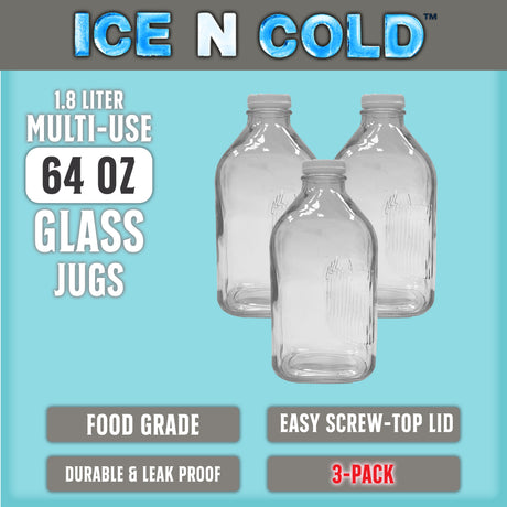 Glass Beverage Jug, 64 oz, Clear, Wide Mouth with Groove Handle and Airtight Lid