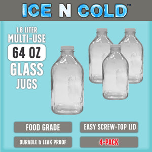 Glass Beverage Jug, 64 oz, Clear, Wide Mouth with Groove Handle and Airtight Lid