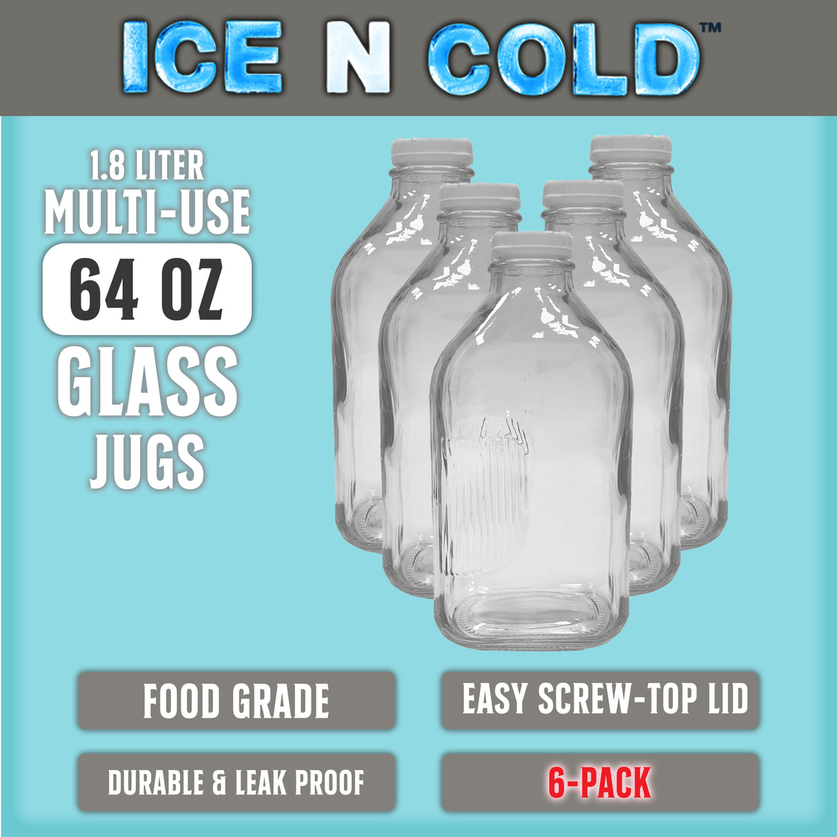 Glass Beverage Jug, 64 oz, Clear, Wide Mouth with Groove Handle and Airtight Lid