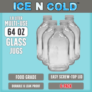 Glass Beverage Jug, 64 oz, Clear, Wide Mouth with Groove Handle and Airtight Lid