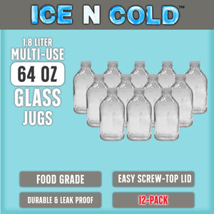 Glass Beverage Jug, 64 oz, Clear, Wide Mouth with Groove Handle and Airtight Lid