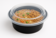 Load image into Gallery viewer, 10oz round, black bottom, clear top, food storage meal prep containers. Chinese food inside - fried rice or noodles
