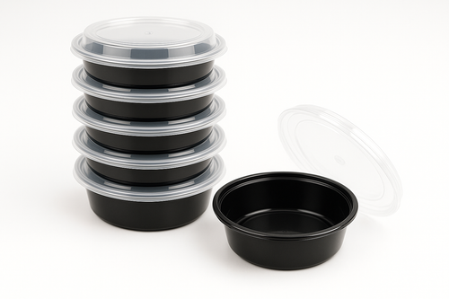 10oz round, black bottom, clear top, food storage meal prep containers.