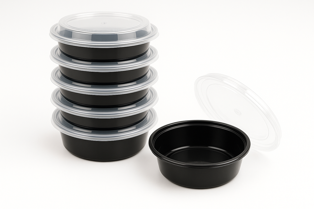 10oz round, black bottom, clear top, food storage meal prep containers.