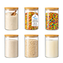 Load image into Gallery viewer, Borosilicate Glass Storage Canisters with Bamboo Lids - Airtight Pantry Jars for Flour, Sugar, Rice, Pasta, Coffee &amp; Candles - Clear Kitchen Containers

