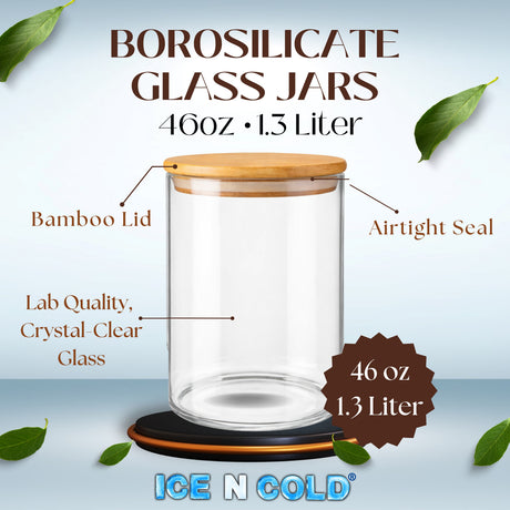 Borosilicate Glass Storage Canisters with Bamboo Lids - Airtight Pantry Jars for Flour, Sugar, Rice, Pasta, Coffee & Candles - Clear Kitchen Containers