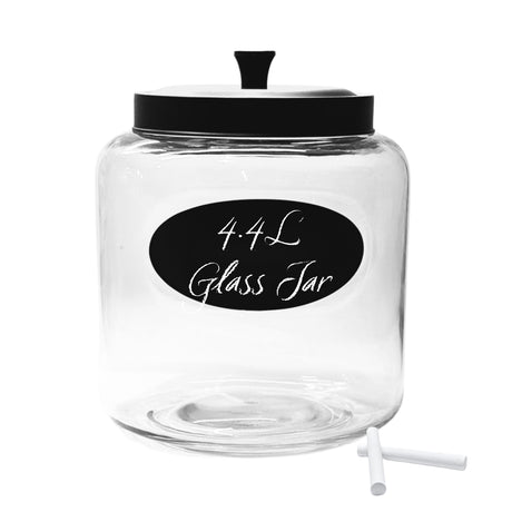 Kitchen and Laundry Storage Glass Jar – Wide Mouth Round Glass Storage Container with Black Steel Lid and Chalkboard Label - 2 Sticks of Chalk Included