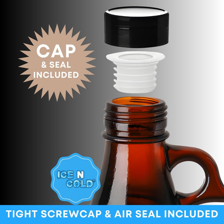 1 Gallon (128 oz) Amber Glass Jug/Growler w/ 38mm Black Polyseal Lid & Cap | Pack of 1