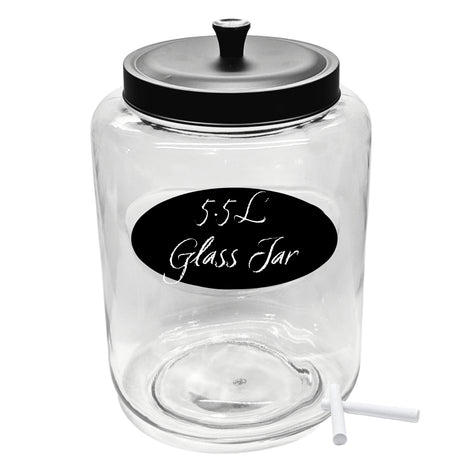 Kitchen and Laundry Storage Glass Jar – Wide Mouth Round Glass Storage Container with Black Steel Lid and Chalkboard Label - 2 Sticks of Chalk Included