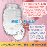 Aguas Frescas 2.6 Gallon Glass Juice Jug Container with Lid (10 Liters, 338 oz) | ICE N COLD