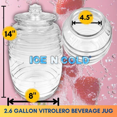 Aguas Frescas 2.6 Gallon Glass Juice Jug Container with Lid (10 Liters, 338 oz) | ICE N COLD