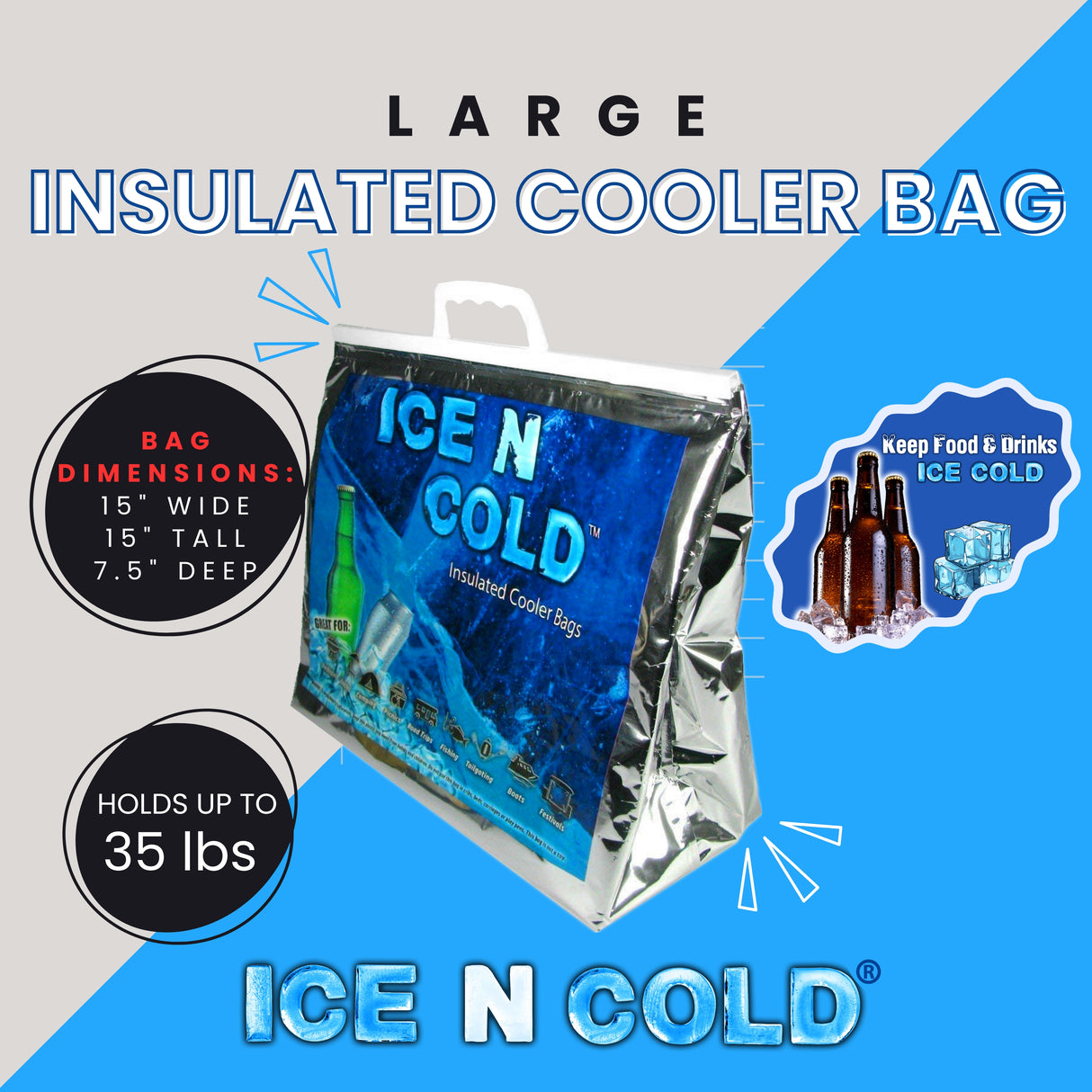 ICE N COLD® Large Insulated Cooler Bags - Thermal Bags holds up to 35 lbs - Available in multiple quantities