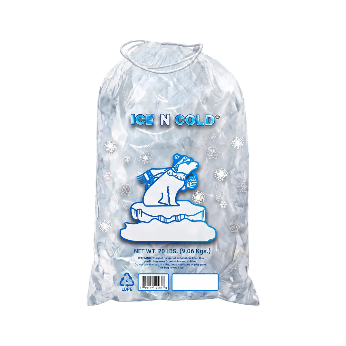 20lb Ice Bags with Cotton String Drawstring – 50 Micron Heavy Duty Commercial Food Grade LDPE, BPA-Free, Freezer Safe Plastic, 15" x 22", UPC Barcode & Store ID, Bolsas Hielo, Bolsas Para Hielo, Ice Cube Machine Storage Bag – Wholesale ICE N COLD®