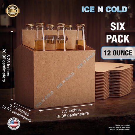 6pk Cardboard Carrier Kraft 12oz - 16oz Bottles & Cans 8x7x5 for Convenience Store, Eco Friendly, Moisture & Humidity Resistant | High Quality 18 Point Wet Board Strength (6 Pack) ICE N COLD®