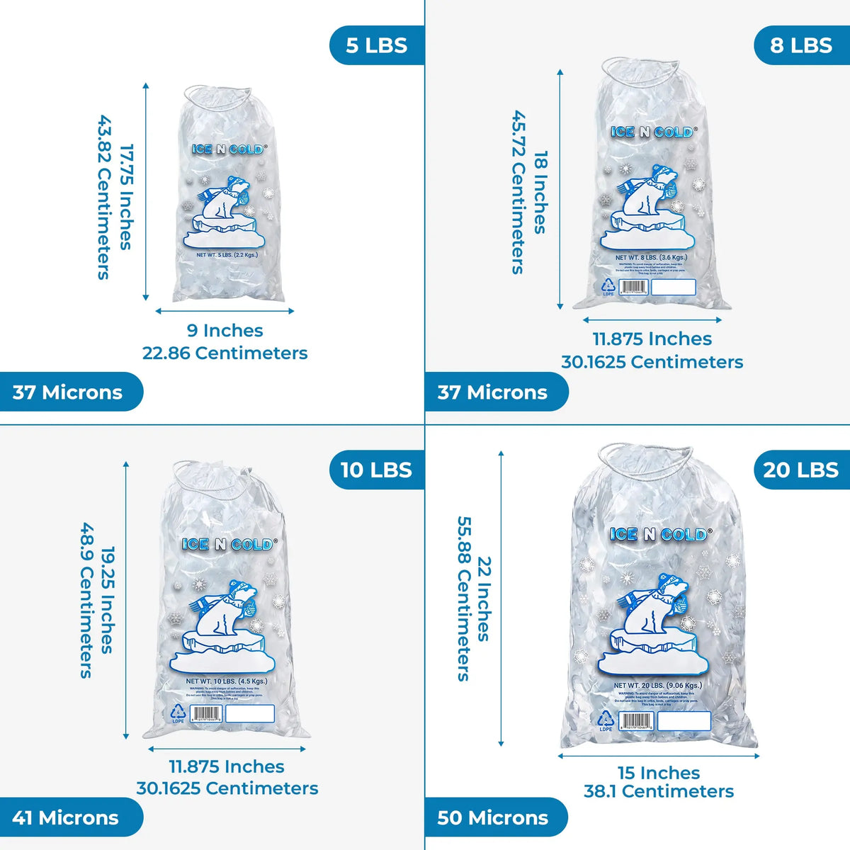 5lb Ice Bags with Cotton String Drawstring – 37 Micron Commercial Food Grade LDPE, BPA-Free, Freezer Safe Plastic, 9" x 17", Bolsas Hielo, Bolsas Para Hielo, Ice Cube Machine Storage Bag – Wholesale ICE N COLD®