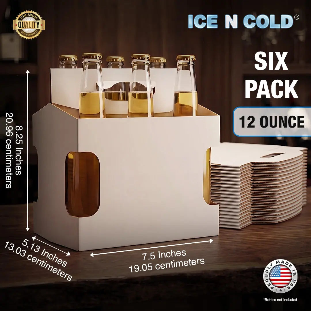 6pk Cardboard Carrier White Die-Cut 12oz - 16oz Bottles 8x7x5 for Convenience Store, Eco-Friendly, Moisture & Humidity Resistant, High Quality 18 Point Wet Board Strength (6 Pack) ICE N COLD®