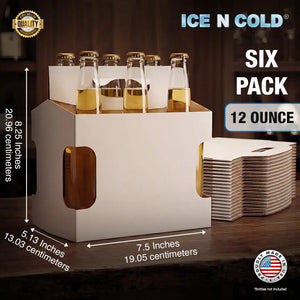 6pk Cardboard Carrier White Die-Cut 12oz - 16oz Bottles 8x7x5 for Convenience Store, Eco-Friendly, Moisture & Humidity Resistant, High Quality 18 Point Wet Board Strength (6 Pack) ICE N COLD®