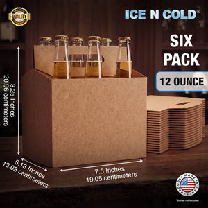 6pk Cardboard Carrier Kraft 12oz - 16oz Bottles & Cans 8x7x5 for Convenience Store, Eco Friendly, Moisture & Humidity Resistant | High Quality 18 Point Wet Board Strength (6 Pack) ICE N COLD®