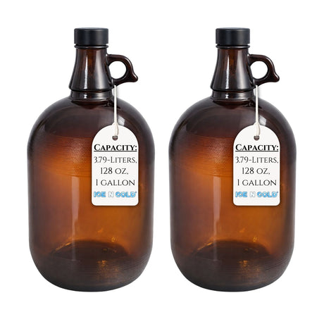1 Gallon (128 oz) Amber Glass Jug/Growler w/ 38mm Black Polyseal Lid & Cap | Pack of 1