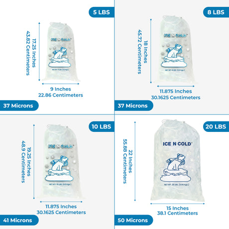 ICE N COLD® 8lb Ice Bags with Drawstring Closure | 37 mic Thickness | Portable Storage and Freezer Keeper