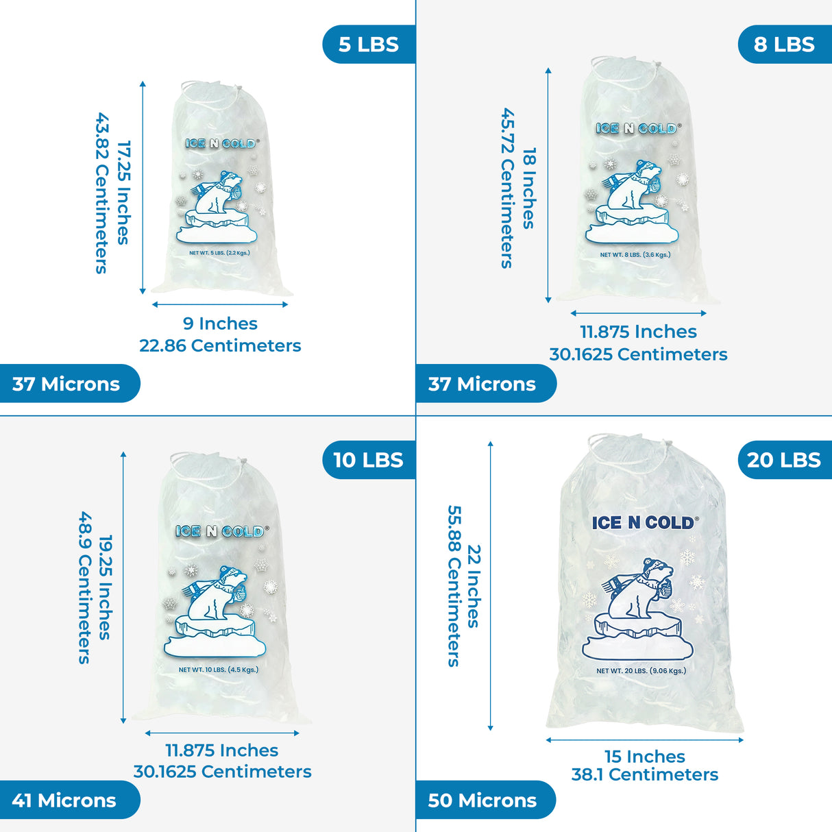 ICE N COLD® 5lb Ice Bags with Drawstring Closure | 37 mic Thickness | Portable Storage and Freezer Keeper