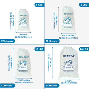 ICE N COLD® 5lb Ice Bags with Drawstring Closure | 37 mic Thickness | Portable Storage and Freezer Keeper