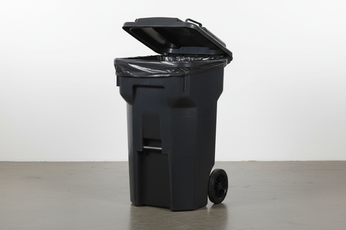 35 gallon trash can with two wheels, for residential use. 35 black trash can liner inside
