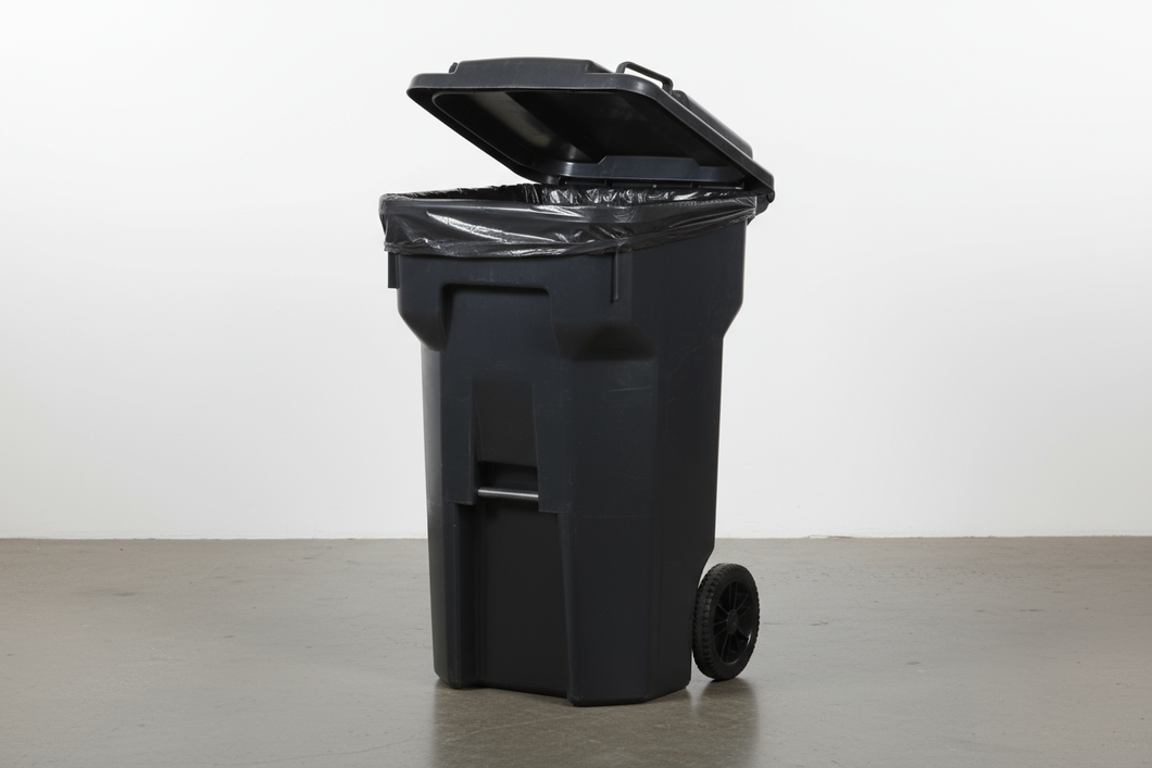 35 gallon trash can with two wheels, for residential use. 35 black trash can liner inside