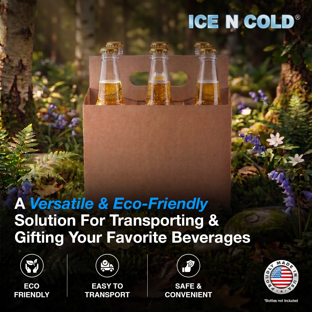 6pk Cardboard Carrier Kraft 12oz - 16oz Bottles & Cans 8x7x5 for Convenience Store, Eco Friendly, Moisture & Humidity Resistant | High Quality 18 Point Wet Board Strength (6 Pack) ICE N COLD®