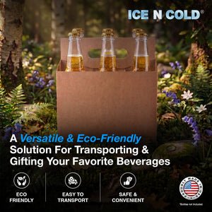 6pk Cardboard Carrier Kraft 12oz - 16oz Bottles & Cans 8x7x5 for Convenience Store, Eco Friendly, Moisture & Humidity Resistant | High Quality 18 Point Wet Board Strength (6 Pack) ICE N COLD®