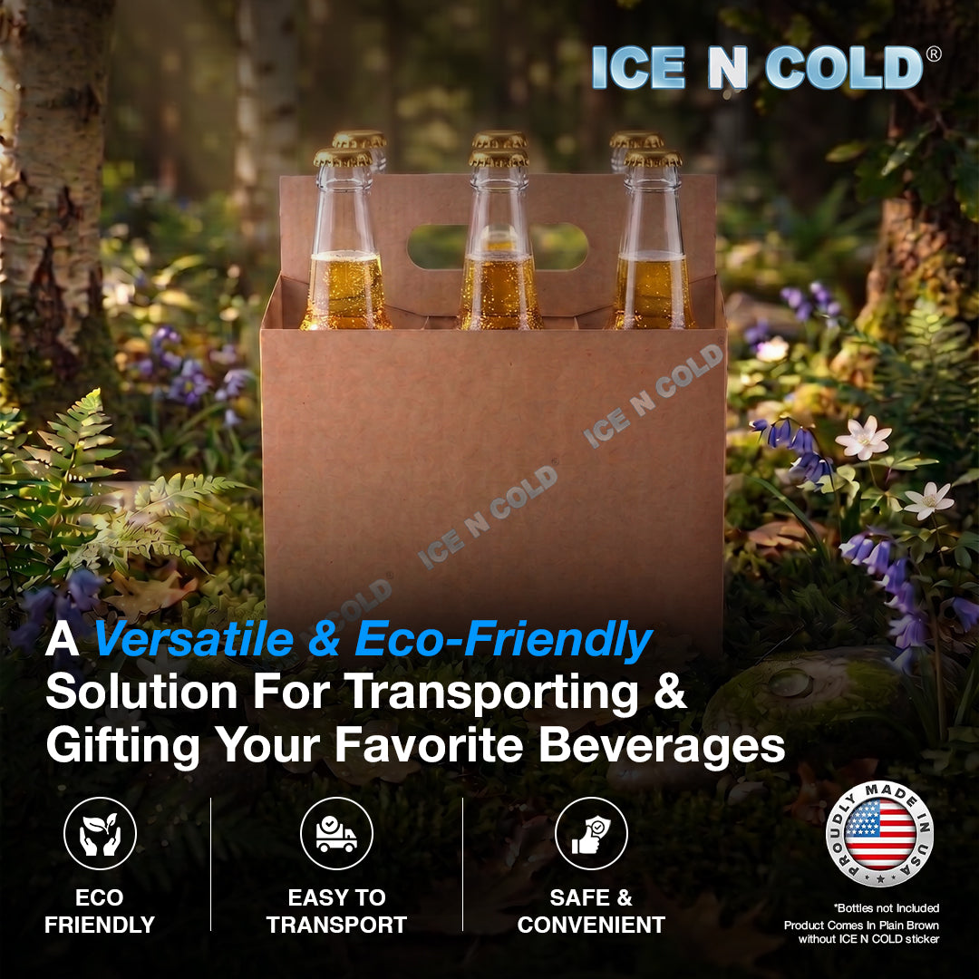 6pk Cardboard Carrier Kraft 12oz - 16oz Bottles & Cans 8x7x5 for Convenience Store, Eco Friendly, Moisture & Humidity Resistant | High Quality 18 Point Wet Board Strength (6 Pack) ICE N COLD®