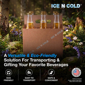 6pk Cardboard Carrier Kraft 12oz - 16oz Bottles & Cans 8x7x5 for Convenience Store, Eco Friendly, Moisture & Humidity Resistant | High Quality 18 Point Wet Board Strength (6 Pack) ICE N COLD®