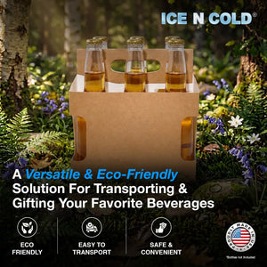 6pk Cardboard Carrier Kraft Die-Cut 12oz - 16oz Bottles 8x7x5 for Convenience Store, Eco-Friendly, Moisture & Humidity Resistant, High Quality 18 Point Wet Board Strength (6 Pack) ICE N COLD®