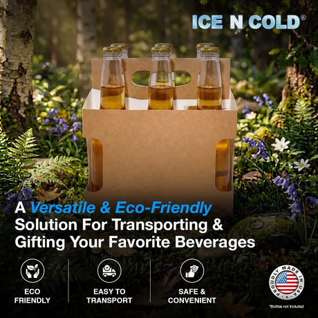 6pk Cardboard Carrier Kraft Die-Cut 12oz - 16oz Bottles 8x7x5 for Convenience Store, Eco-Friendly, Moisture & Humidity Resistant, High Quality 18 Point Wet Board Strength (6 Pack) ICE N COLD®
