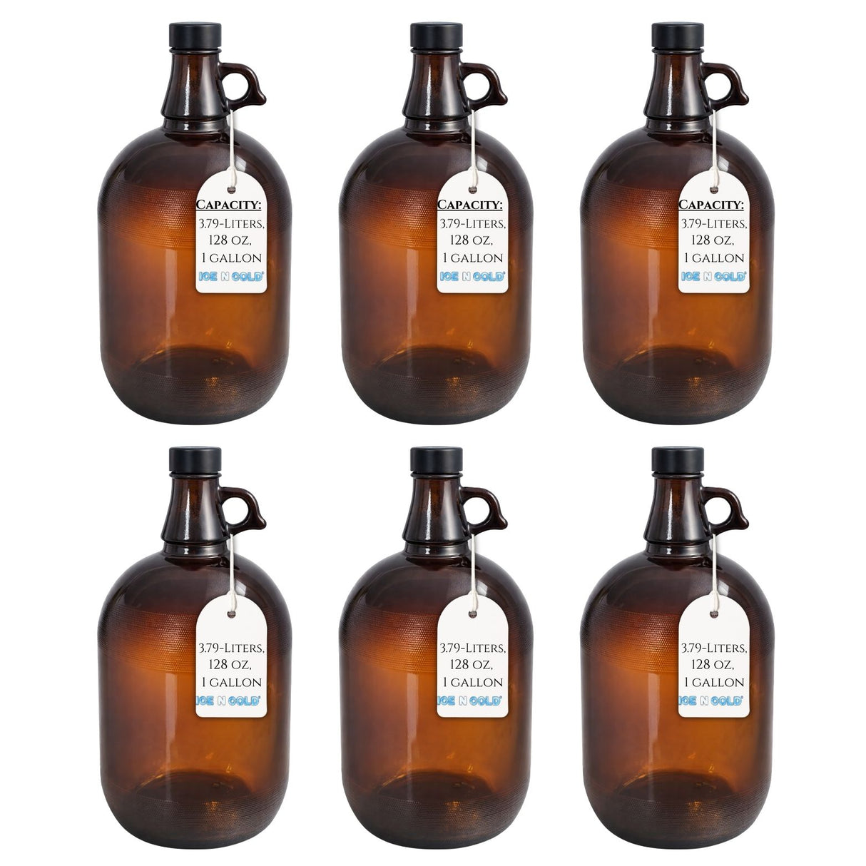 1 Gallon (128 oz) Amber Glass Jug/Growler With 38mm Black Polyseal Lid & Cap | Pack of 6