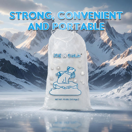 ICE N COLD® 10lb Ice Bags with Drawstring Closure | 41 mic Thickness | Portable Storage and Freezer Keeper