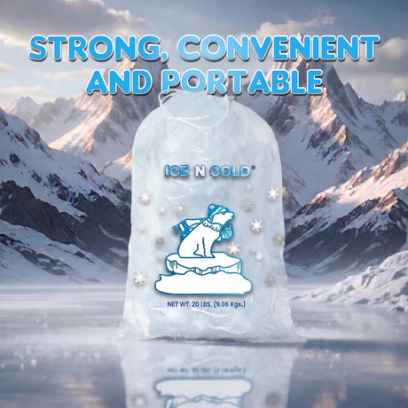 ICE N COLD® 20lb Ice Bags with Drawstring Closure | 50 mic Thickness | Portable Storage and Freezer Keeper