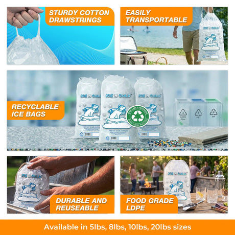 5lb Ice Bags with Cotton String Drawstring – 37 Micron Commercial Food Grade LDPE, BPA-Free, Freezer Safe Plastic, 9" x 17", Bolsas Hielo, Bolsas Para Hielo, Ice Cube Machine Storage Bag – Wholesale ICE N COLD®