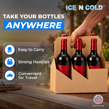 6pk Cardboard Wine Bottle Carrier (Kraft Brown) - 750ml & 22oz Wine & Beer Bottles ICE N COLD®