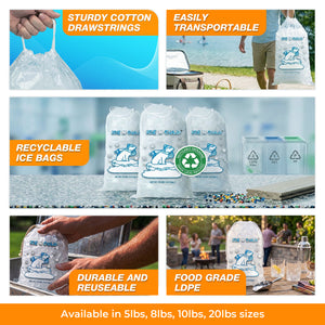 ICE N COLD® 10lb Ice Bags with Drawstring Closure | 41 mic Thickness | Portable Storage and Freezer Keeper