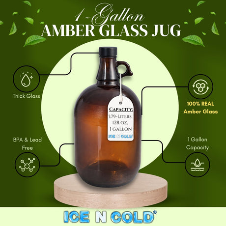 1 Gallon (128 oz) Amber Glass Jug/Growler w/ 38mm Black Polyseal Lid & Cap | Pack of 1