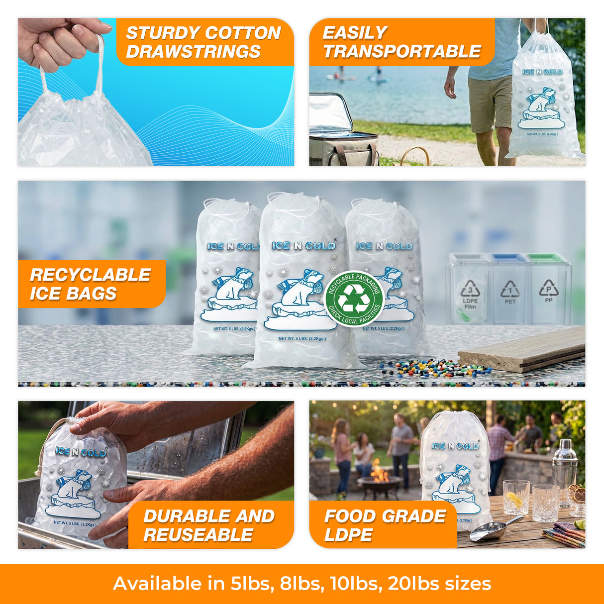 ICE N COLD® 5lb Ice Bags with Drawstring Closure | 37 mic Thickness | Portable Storage and Freezer Keeper