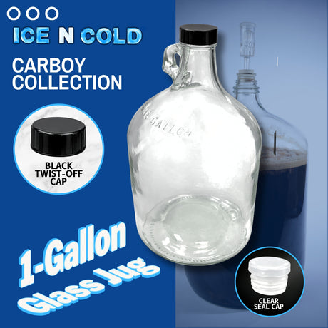 1 Gallon (128oz) Glass Fermenting Jug with Handle, Black Polyseal Lid & Cap